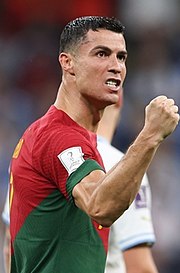 Cristiano Ronaldo with 8 goals is the only male player to score in five World Cup tournaments group stages Cristiano Ronaldo WC2022 - 02.jpg