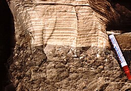 Cycle émersif carbonaté métrique (autocycle) entre deux lacunes. Laminations algaires, inter à supratidales, dolomitisées au sommet. Lias moyen du Haut Atlas, Maroc.