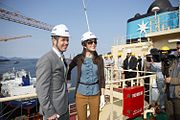 Their Royal Highness The Crown Prince and Crown Princess of Denmark cut the first steel in Korea to mark the beginning of the construction of the new giant Triple-E vessels. (12 May 2012)