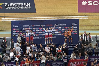 Track cycling - Podium in the women's madison with the Netherlands winning bronze Euro Track 2018-346 (43017549145).jpg