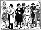 Satirisk karikaturtegning fra vittighetsbladet Velikulta 1906 viser den finske jomfruen i nasjonaldrakt med representanter for de politiske velgergruppene som friere foran parlamentsvalget. Tegning av Alex Federley (1864–1932).