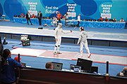 Deutsch: Fechten bei den Olympischen Jugend-Sommerspielen 2018: Tag 1, 7. Oktober 2018, Jungen, Säbel, Viertelfinale - Hibiki Kato (JPN) - Hyun Jun (KOR) 12:15 English: Fencing at the 2018 Summer Youth Olympics at 7 October 2018 – Boys' sabre Quarterfinals – Hibiki Kato (JPN) Vs Hyun Jun (KOR) 12:15