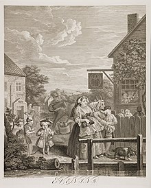 William Hogarth's Evening engraving from the 1736 Four Times of the Day series depicts the gate to Sadler's Wells (left) along the New River canal, across from a tavern (right) bearing a sign picturing canal patron Hugh Myddelton Four Times of the Day - Evening - Hogarth.jpg