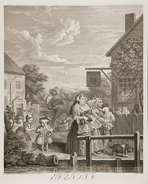 William Hogarth's Evening engraving from the 1736 Four Times of the Day series depicts the gate to Sadler's Wells (left) along the New River canal, ac