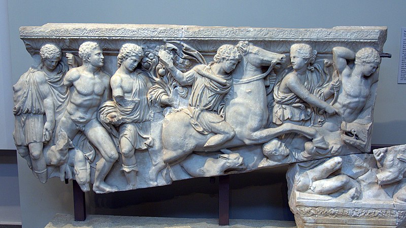File:Fragments of a marble sarcophagus depicting the Caledonian boar-hunt (8728890988).jpg
