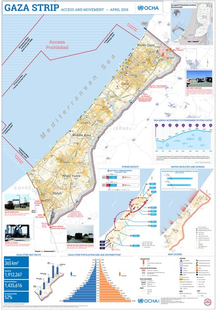 Gaza Strip, with borders and Israeli limited fishing zone