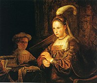 A lady at her toilet. 1660s date QS:P,+1660-00-00T00:00:00Z/8 . oil on canvas medium QS:P186,Q296955;P186,Q12321255,P518,Q861259 . 99 × 115 cm (38.9 × 45.2 in). Poznań, National Museum in Poznań.