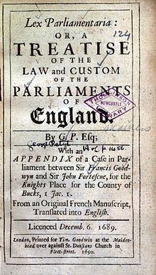 The title page of the first edition of Lex Parliamentaria (1690) George Philips, Lex parliamentaria (1st ed, 1690, title page).jpg