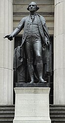Statue of George Washington at the site of his inauguration as first president of the United States, now occupied by Federal Hall National Memorial, includes a fasces to the subject's rear right