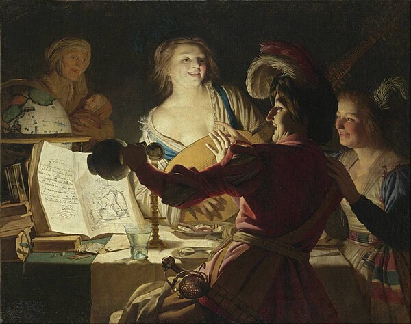 Prostitution is clearly indicated in this scene by Gerard van Honthorst of 1623, complete with aged procuress, low cleavage, and a feathered headdress