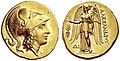 330 a. C. Moneda de Menfis, Egipto. Del lado anverso, la diosa alada Niké