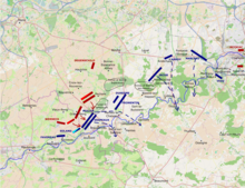 The battle of Grand-Reng, afternoon, 13 May 1794. Fighting around Grand-Reng has been stalemated, but Fromentin's and Duhesme's withdrawal exposes Muller's and Despeaux's right flanks. Putting together a cavalry reserve under Kienmayer, Kaunitz launches a final attack on both flanks of the exhausted French, forcing Desjardin to call a withdrawal. Fromentin and Duhesme remain on the north bank overnight to cover the withdrawal of artillery. Grandreng13May2.png