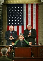 Afghan President Hamid Karzai speaking before U.S. Congress in June 2004 Hamid Karzai at the US Congress on Capitol Hill.jpg