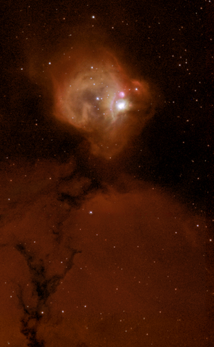 Falschfarbenaufnahme mit Schmalbandfilter des Hubble-Weltraumteleskop zur Hervorhebung ionisierter Gase: Hβ - Blau, OIII - Grün, Hα - Rot.