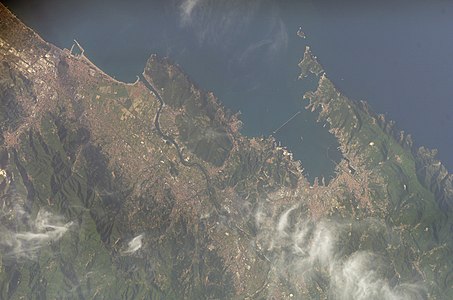 Tellaro coast to Capo Corvo, Zanego and Montemarcello forest in a view from above (ISS), Golfo dei Poeti