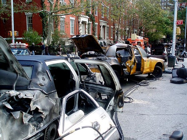 Washington Square during production in 2006. In the background is the house where Will Smith's character lives.