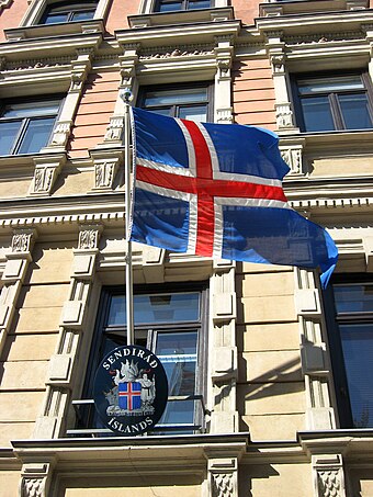 Icelandic state flag at the Embassy in Helsinki.