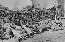 Russian ammunition baskets for heavy artillery shells. Supplying the artillery of WWI was a challenge which, for Britain, resulted in the Shell Crisis of 1915. Imperial Russian artillery ammunition baskets WWI.jpg