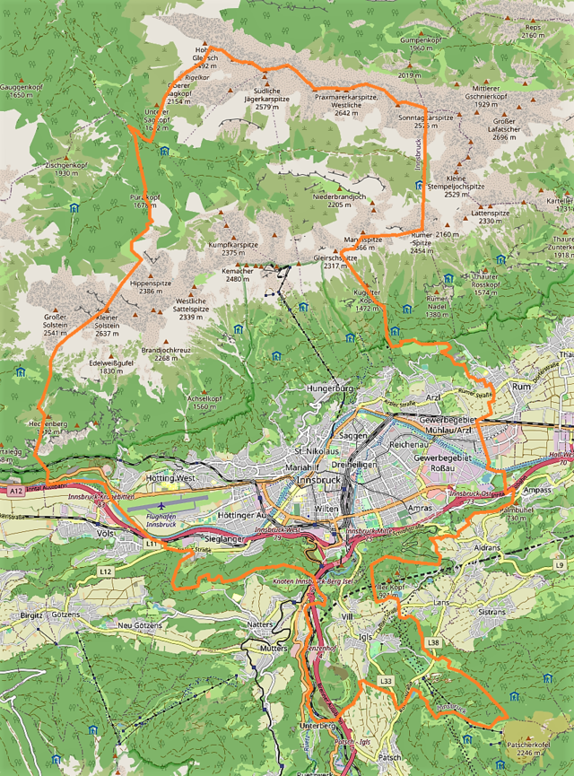 Mapa konturowa Innsbrucku, po lewej nieco na dole znajduje się punkt z opisem „INN”