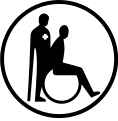 silhouette of a person on crutches and a person in a wheelchair