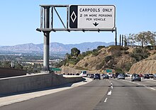 For 50 years, from 1970 to 2020, the California Department of Transportation preferred to use the term "carpool", as seen on I-405 in Los Angeles, as opposed to "HOV". Interstate 405 Carpool Lane Sign.jpg