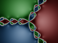 Julia set (white) and Fatou set (dark red/green/blue) for '"`UNIQ--postMath-00000008-QINU`"' with '"`UNIQ--postMath-00000009-QINU`"' in the complex plane.