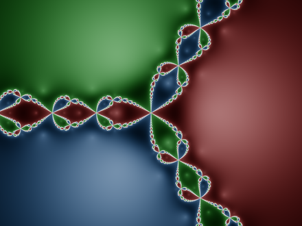 Julia set (in white) for the rational function associated to Newton's method for f : z → z3−1. Coloring of Fatou set in red, green and blue tones according to the three attractors (the three roots of f).