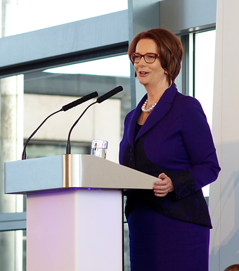 Gillard delivers a keynote address to the National Assembly for Wales on the representation of women in public life, in July 2015
