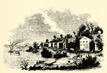 In 1843, Kansas City was depicted in a history of Oregon. Kansas City in 1843, drawing from Centennial History of Oregon.png