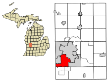 Kent County Michigan Sisällytetyt ja rekisteröimättömät alueet Wyoming Highlighted.svg