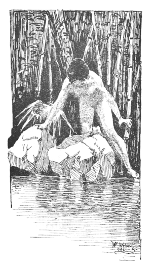 Ilustracja — człowiek na brzegu rzeki, wsparty na głazach, wchodzący do wody.