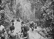 Papuan men in native dress carry a wounded soldier on a stretcher up a steep track surrounded by dense jungle