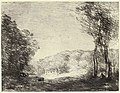 Auf der Radierung Bewaldete Landschaft von Camille Corot von 1866 bilden dunkle Bäume als Repoussoir eine u-förmige Öffnung. Es entsteht ein romantisches, ruhiges Bild, bei dem das Publikum eingeladen wird, die ferne Landschaft zu betrachten.