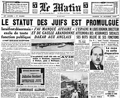 Headline of Le Matin on 19 October 1940 announcing the passage of the Jewish laws. Le statut des Juifs est promulgue - Le Matin.jpg