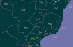 Mapa com pontos amarelos representando a ocorrência confirmada de L. incuriale.