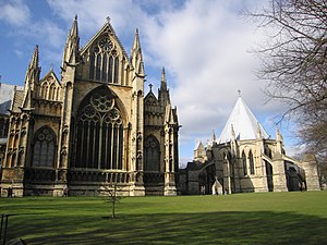 East end of Lincoln Cathedral, with wall buttress, and chapter house with flying buttresses.(1185-1311)