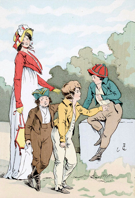 Clothing, c. 1800. The woman and the boy in brown are wearing spencers
