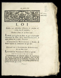 Loi relative aux assemblées d'ouvriers & artisans de même état & profession, titre, Paris, 17 juin 1791.png