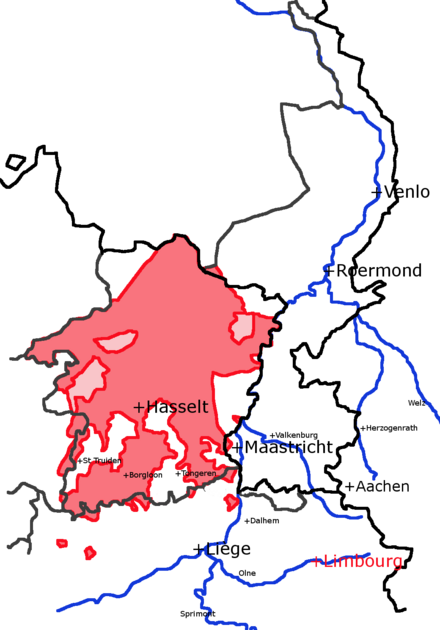 Le comté féodal de Looz vers 1750, avec les frontières actuelles