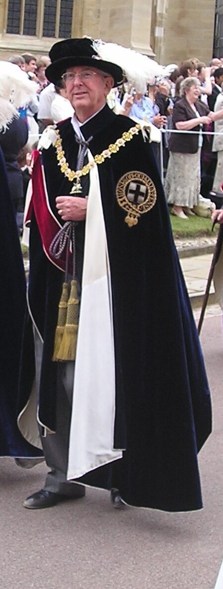 Lord Sainsbury in the robes of a Knight Companion of the Garter