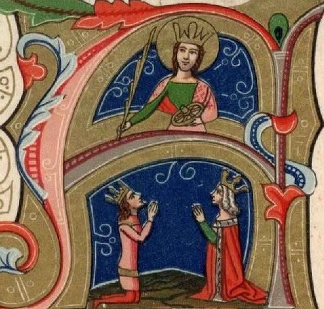 Elizabeth and Louis kneeling in front of Saint Catherine of Alexandria, Chronicon Pictum