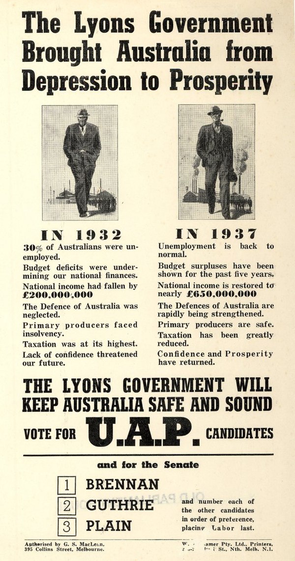 Poster promoting the return of the Lyons government at the 1937 federal election; Lyons became the first Australian prime minister to win three electi