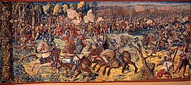 The Battle of Pavia in 1525. Heavy cavalry and Landsknecht mercenaries armed with arquebuses. Manif. di bruxelles su dis.di bernart von orley, IGMN144483, 1526-31.JPG
