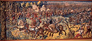 The Battle of Pavia in 1525. Landsknecht mercenaries with arquebus. Manif. di bruxelles su dis.di bernart von orley, IGMN144483, 1526-31.JPG