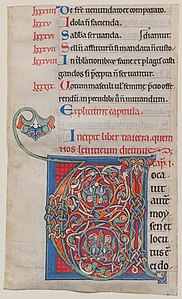 Manuscript Illumination with Initial V, from a Bible; c. 1175–1195; tempera on parchment; 27.5 x 15.2 cm; Metropolitan Museum of Art