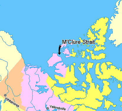 M'Clure Strait, Northwest Territories, Canada.
.mw-parser-output .legend{page-break-inside:avoid;break-inside:avoid-column}.mw-parser-output .legend-color{display:inline-block;min-width:1.25em;height:1.25em;line-height:1.25;margin:1px 0;text-align:center;border:1px solid black;background-color:transparent;color:black}.mw-parser-output .legend-text{}
Nunavut
Northwest Territories
Yukon Territory
Regions outside Canada (Alaska, Greenland) Map indicating McClure Strait, Northwest Territories, Canada.png