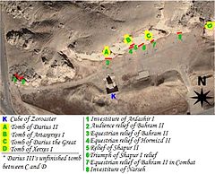 An aerial view of the site. "K" denotes the "Cube of Zoroaster." Letters (A,B,C,D) denote tombs of Darius II, Artaxerxes I, Darius the Great, and Xerxes I respectively. Numbers are Sassanid reliefs