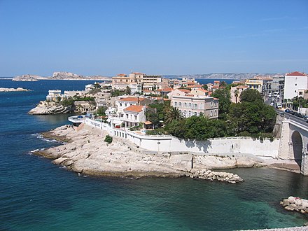 View of the "Petit Nice" on Marseille's corniche (7th arrondissement) with the Frioul archipelago and the Château d'If in the background