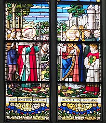 Saint Rumbold meets Saint Gummarus, Cathedral of Mechelen Mechelen St Rombouts stained glass windows 01.JPG