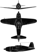 3-view silhouette of the Mitsubishi J2M.